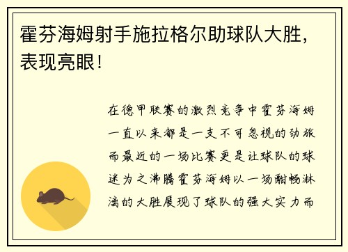 霍芬海姆射手施拉格尔助球队大胜，表现亮眼！